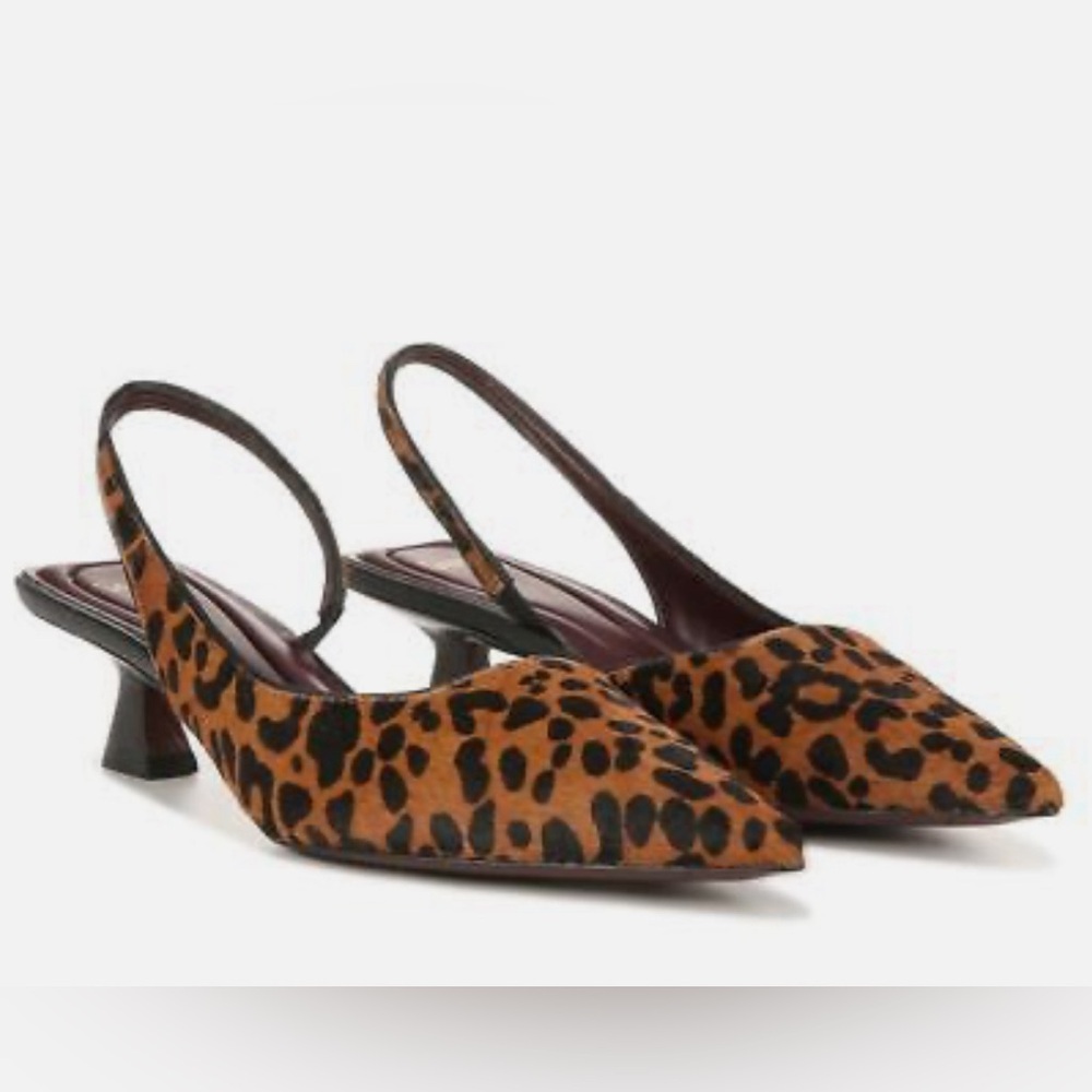 BNIB! Sarto Devin 2 leopard calf hair sling back kitten heels